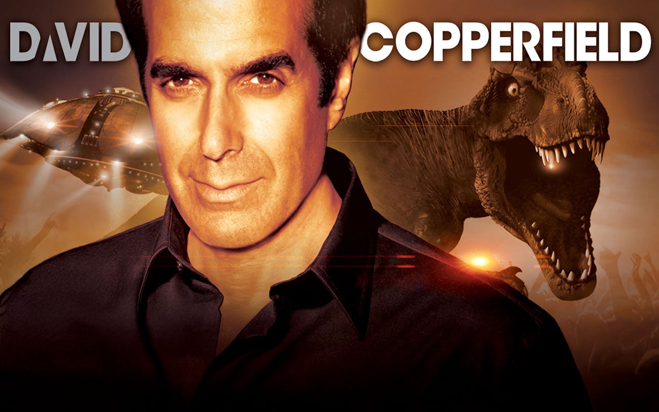 David Copperfield Vegas show poster with UFO and dinosaur elements.