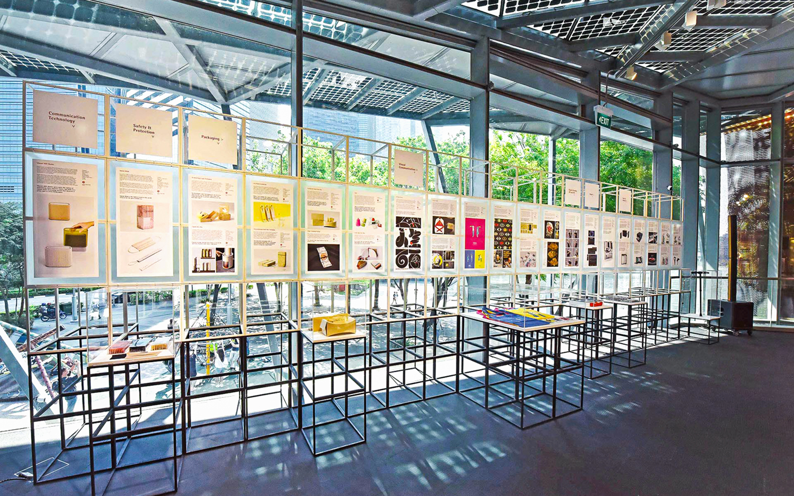 Exhibit display at Red Dot Design Museum Singapore with design innovation panels.
