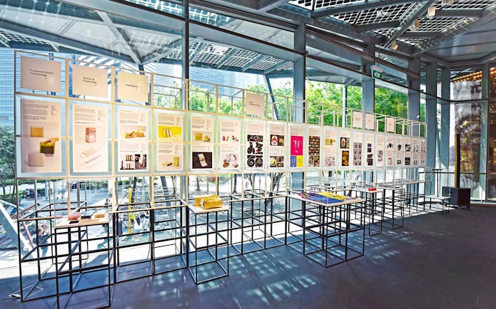 Exhibit display at Red Dot Design Museum Singapore with design innovation panels.