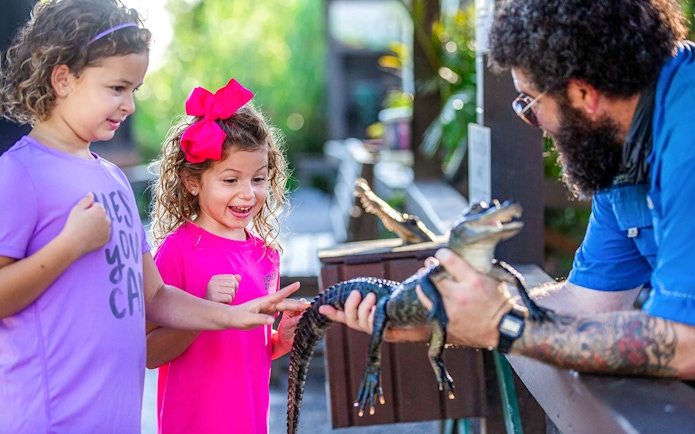 Children interacting with a small alligator at Everglades reptile exhibit.