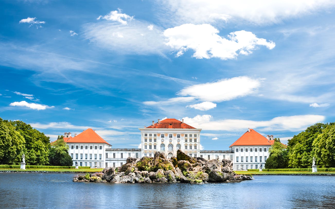 Nymphenburg Palace with gardens and lake in Munich, Germany.