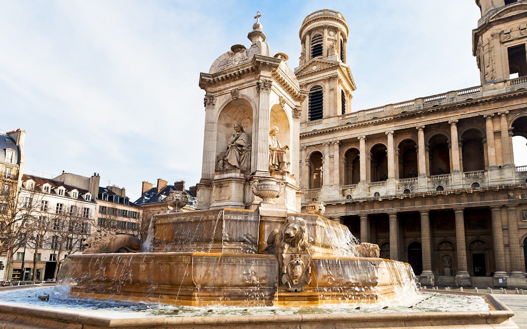 Fountain at Saint-Sulpice Church, Paris, on a guided walking tour of Saint-Germain-Des-Prés.