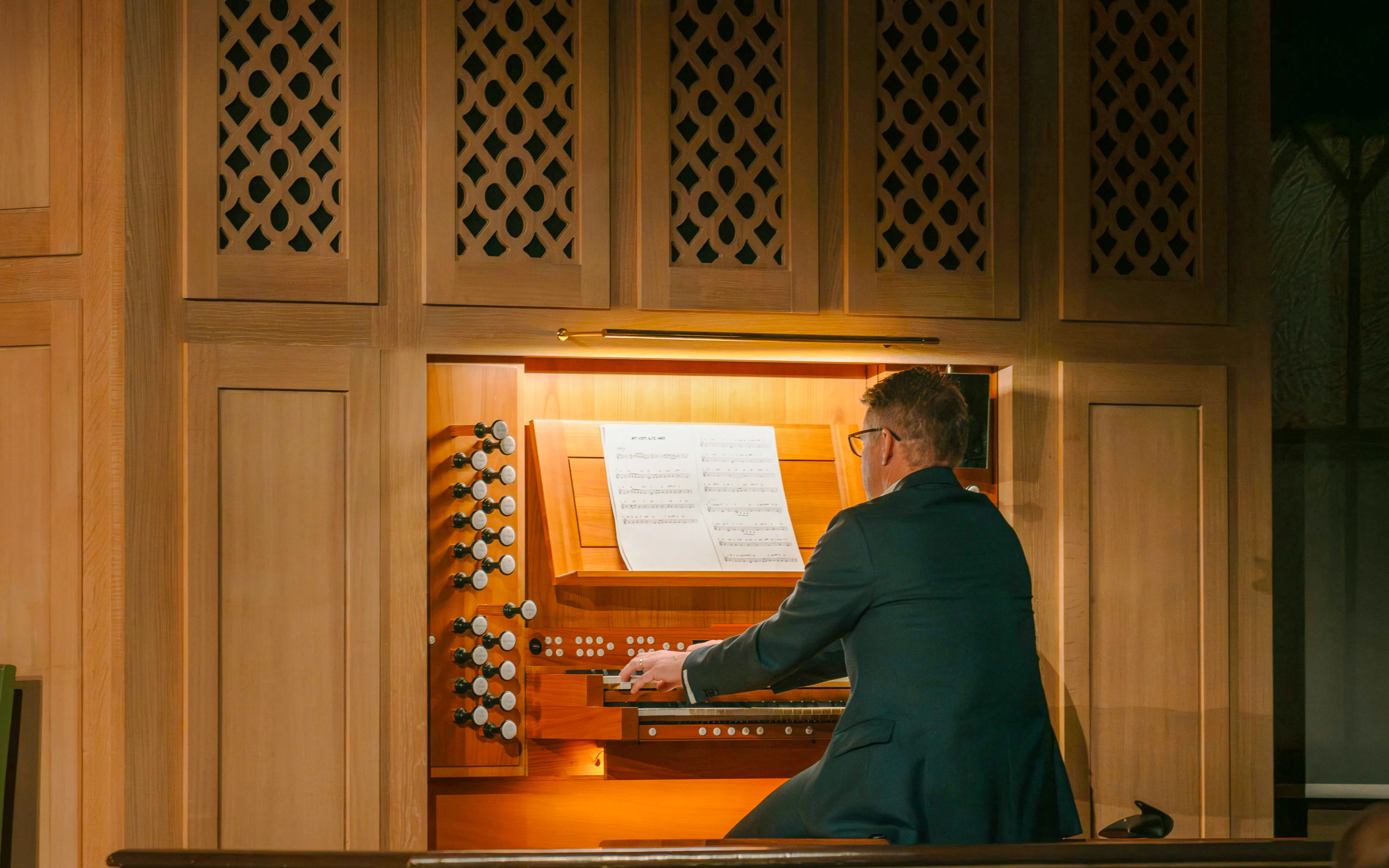 Organist performing at Midnight Concert in Tromsø Cathedral, Norway.
