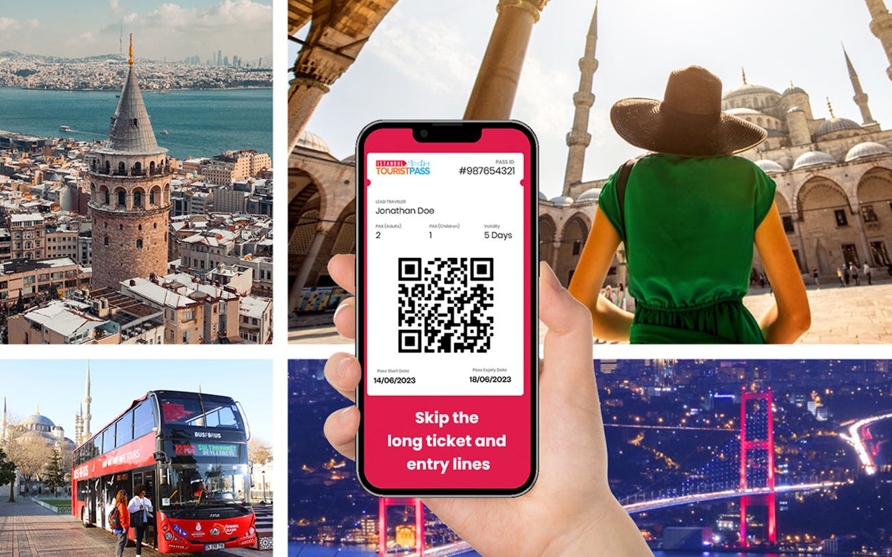 Istanbul Tourist Pass showcasing attractions like Galata Tower, Blue Mosque, and Bosphorus Bridge.