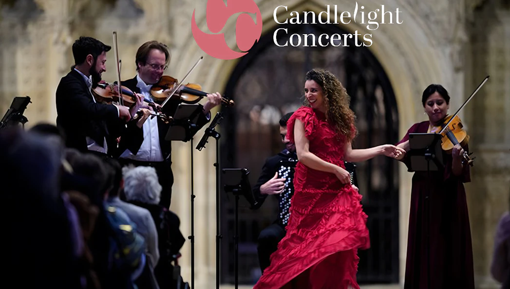 Musicians and a dancer perform at a candlelight opera concert.