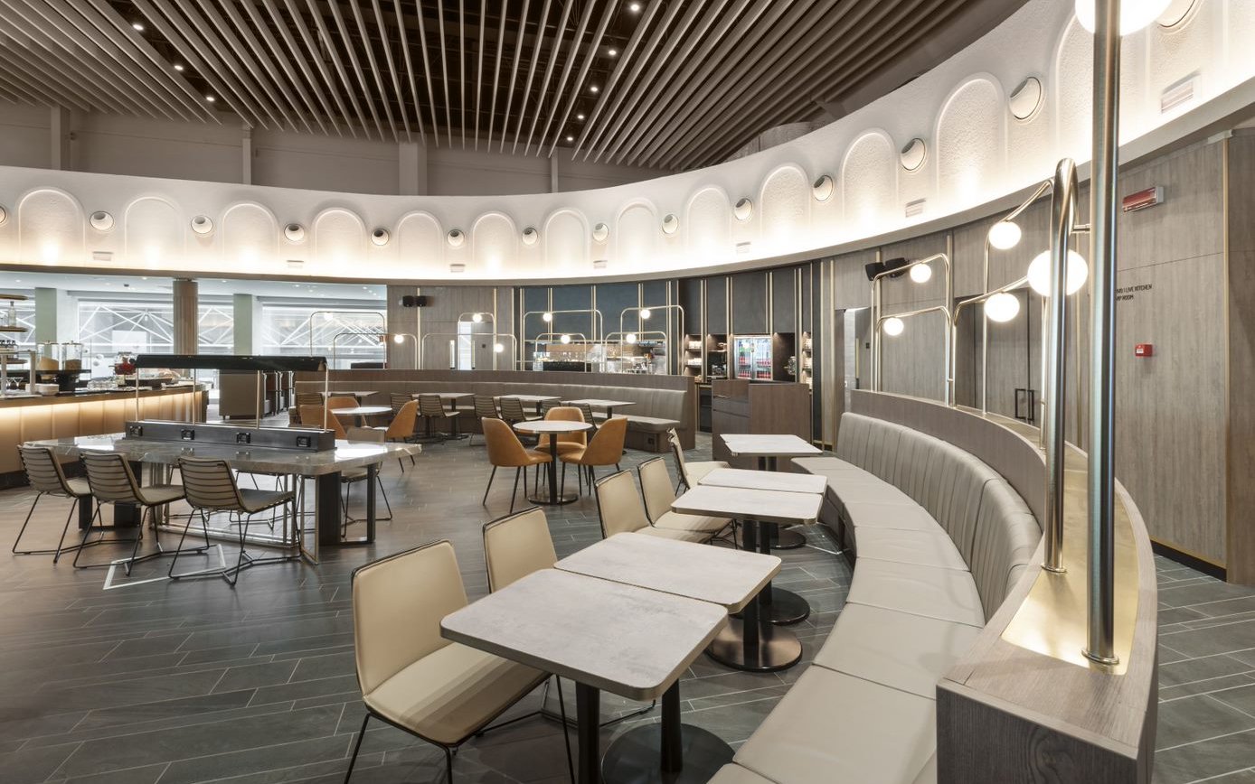 Plaza Premium Lounge seating area in Terminal 1, Leonardo da Vinci-Fiumicino Airport.