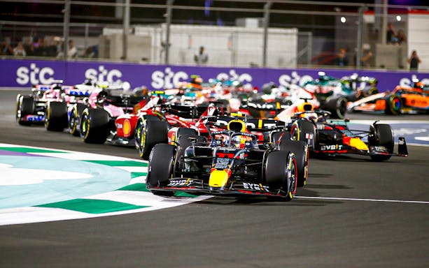 Race cars on track during Saudi Arabia F1 Grand Prix, March 2023.