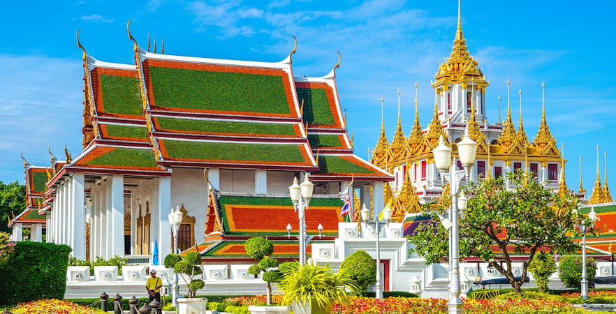Loha Prasat Temple with ornate spires at Wat Ratchanatdaram, Bangkok, Thailand.