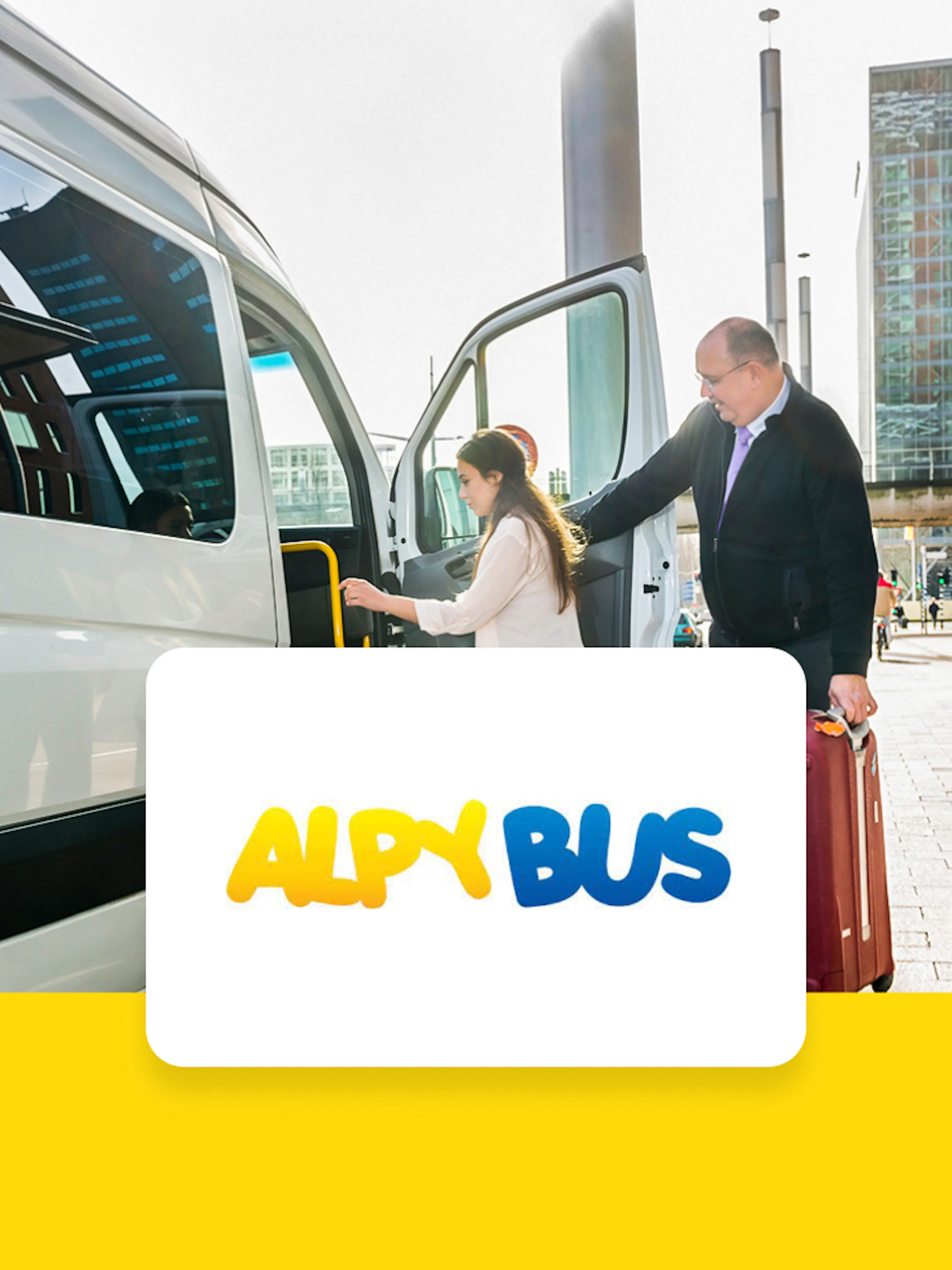 Passengers boarding AlpyBus shuttle at Geneva Airport for Morzine transfer.