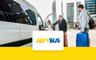 Passengers boarding AlpyBus shuttle at Geneva Airport for Morzine transfer.