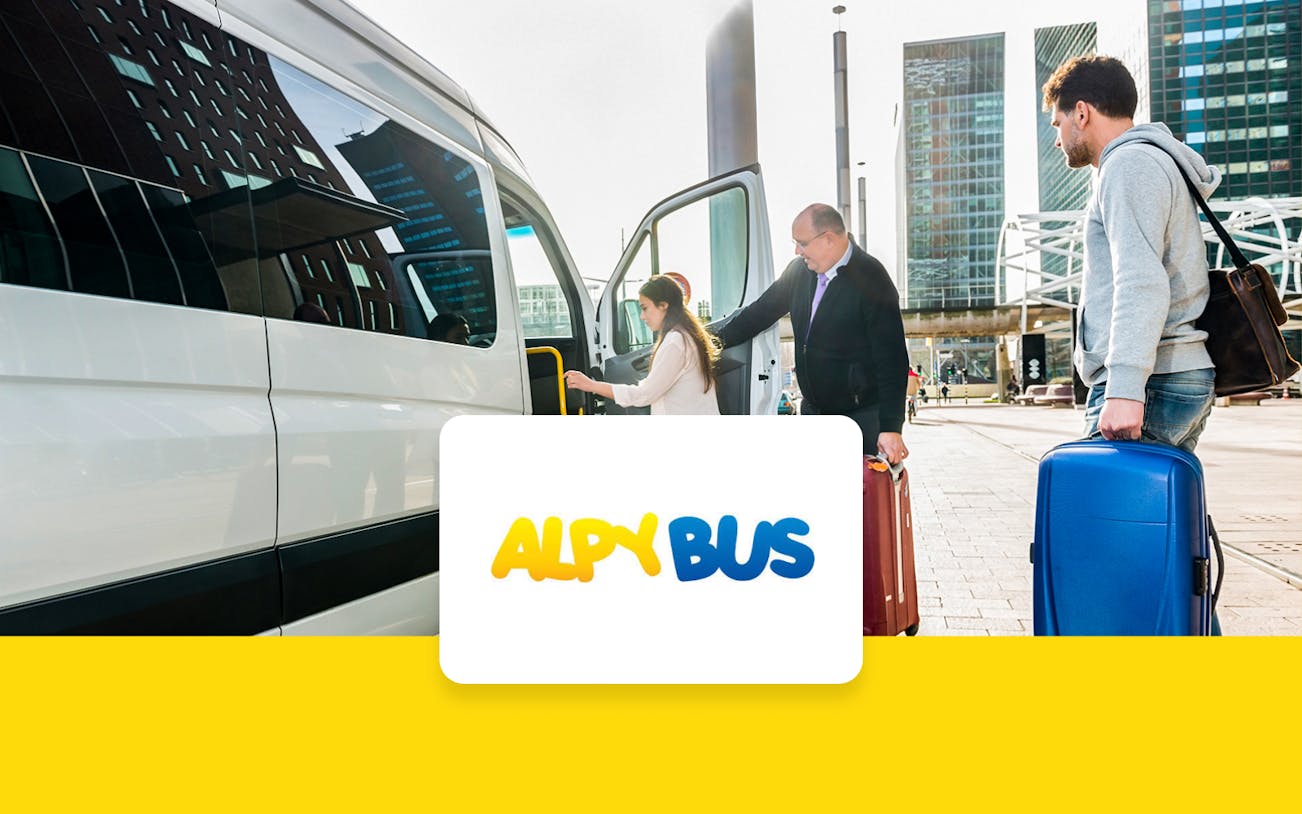 Passengers boarding AlpyBus shuttle at Geneva Airport for Morzine transfer.