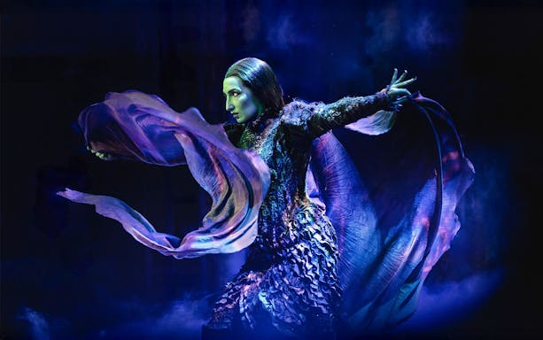Performer in dramatic pose during Wicked musical scene.