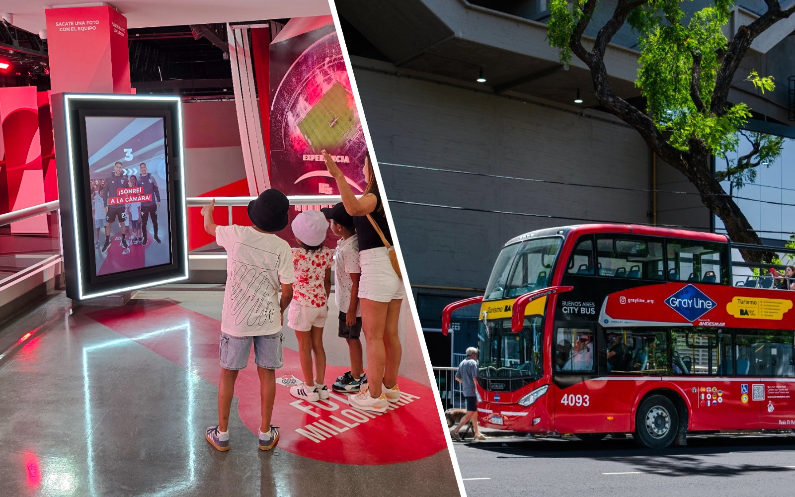 Visitors interacting with a digital display at Museo River in Buenos Aires, with a city tour bus nearby.