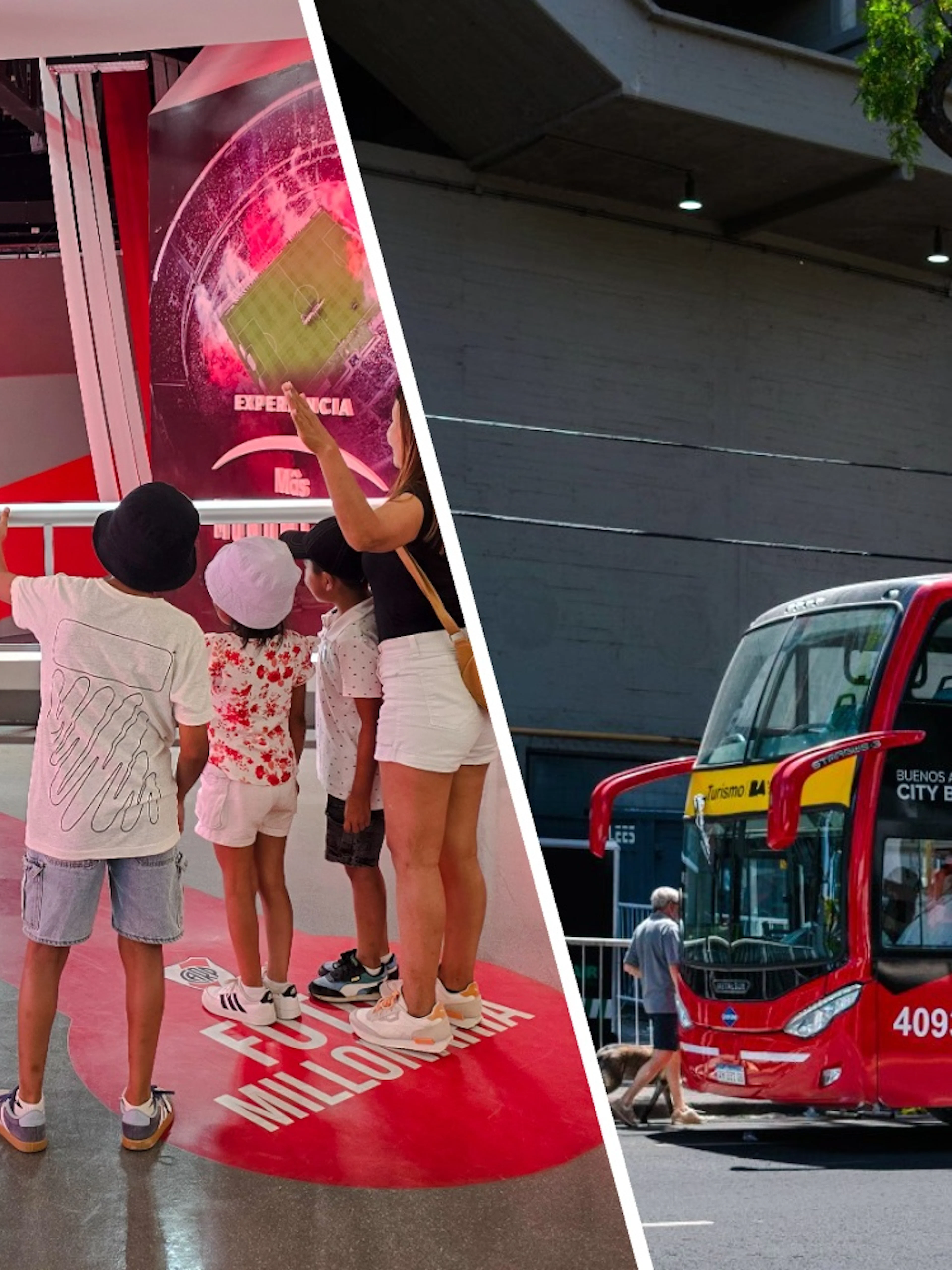 Visitors interacting with a digital display at Museo River in Buenos Aires, with a city tour bus nearby.