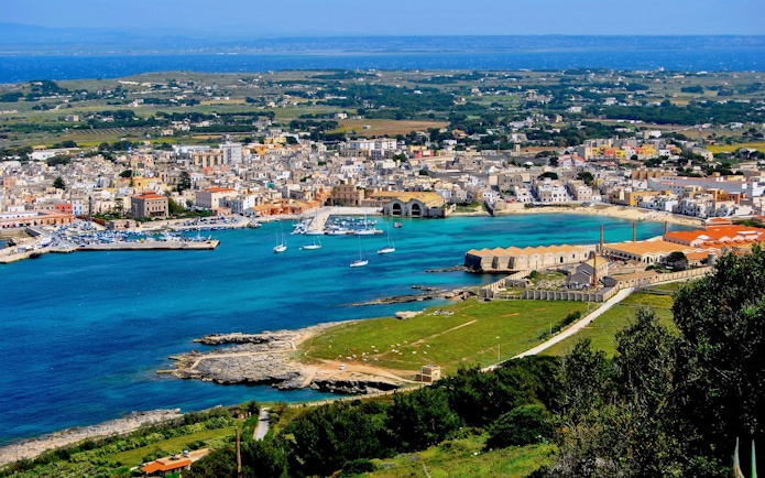 Favignana island view with harbor and boats, part of the Marsala to Levanzo boat tour.