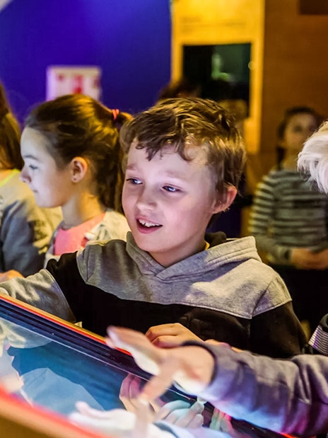 Children interacting with a display at This Is Holland 5D Ultimate Flight Experience.