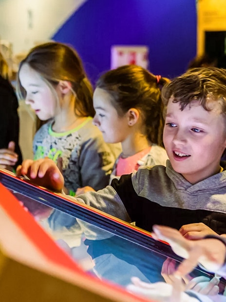 Children interacting with a display at This Is Holland 5D Ultimate Flight Experience.
