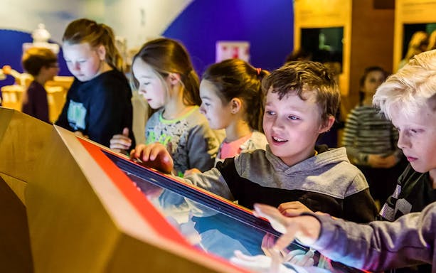 Children interacting with a display at This Is Holland 5D Ultimate Flight Experience.