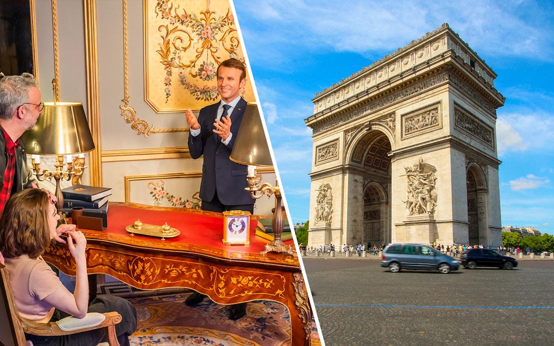 Grévin Paris wax figure with visitors and Arc de Triomphe in Paris.