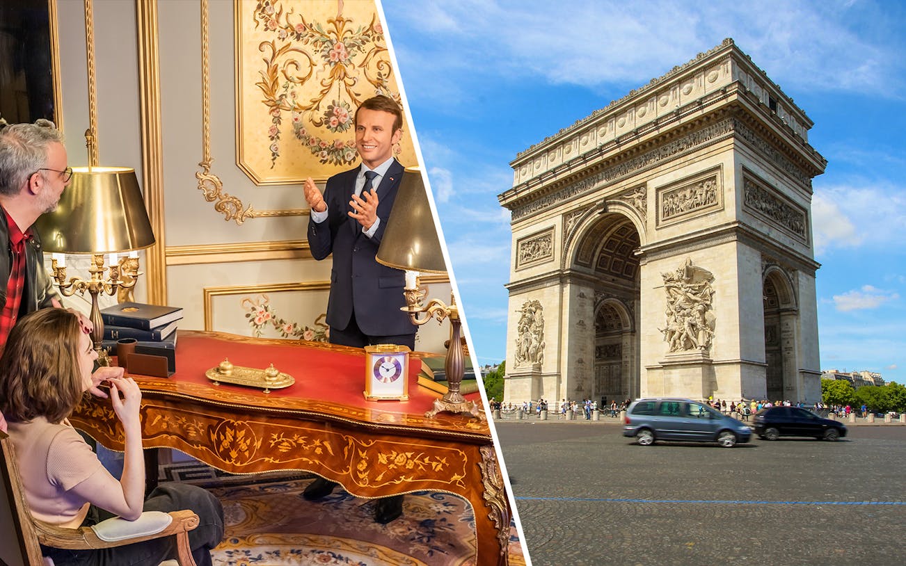 Grévin Paris wax figure with visitors and Arc de Triomphe in Paris.