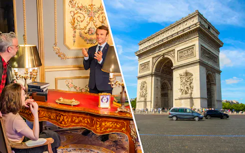 Grévin Paris wax figure with visitors and Arc de Triomphe in Paris.