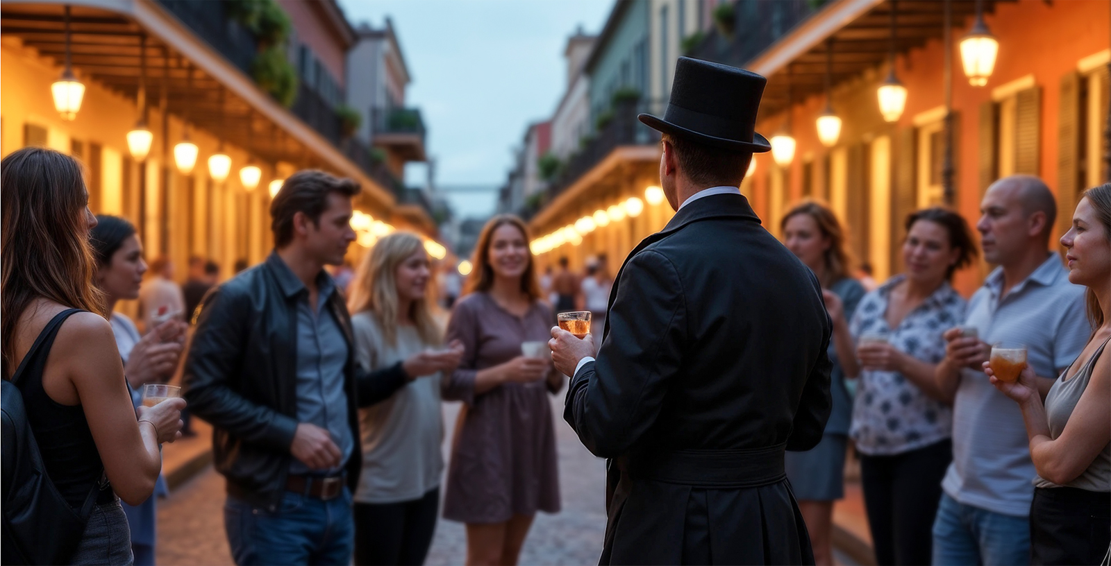 Tour group exploring French Quarters, New Orleans on a haunted ghost tour at night.