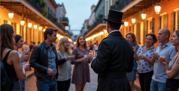 Tour group exploring French Quarters, New Orleans on a haunted ghost tour at night.
