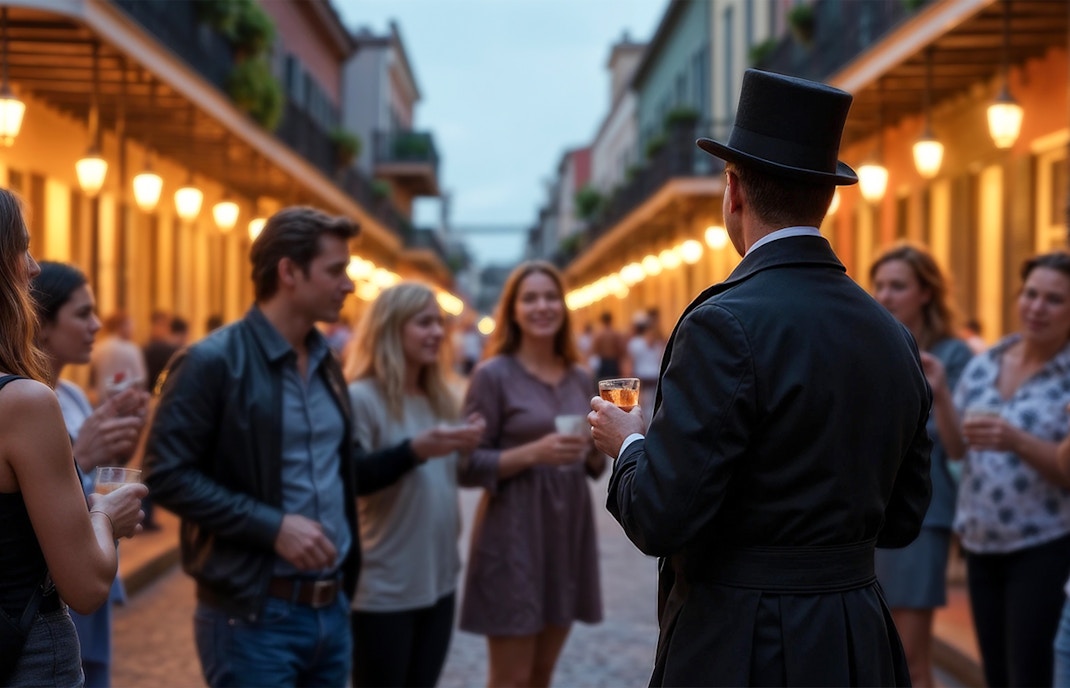 Tour group exploring French Quarters, New Orleans on a haunted ghost tour at night.