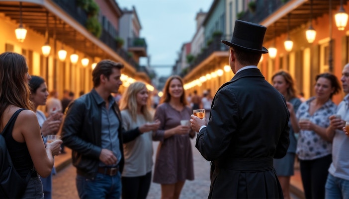 Tour group exploring French Quarters, New Orleans on a haunted ghost tour at night.