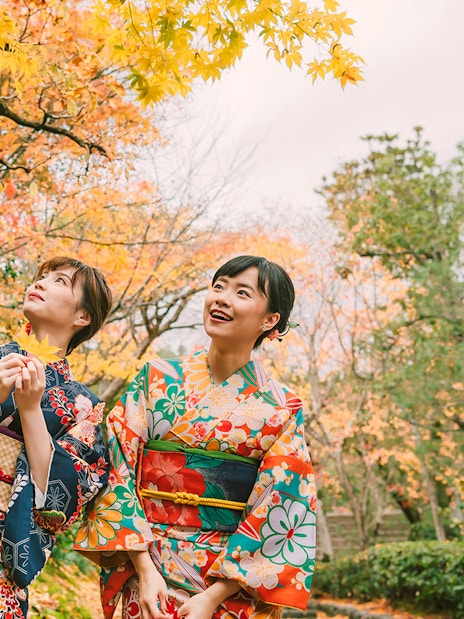 Women in kimonos enjoying autumn foliage in Gion, Kyoto.