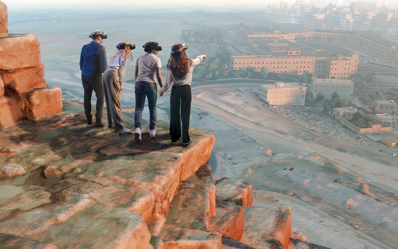 Visitors using VR headsets on a cliff overlooking the Horizon of Khufu virtual landscape.