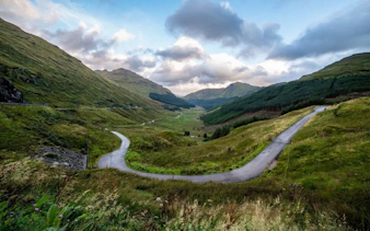 Winding road through Glen Croe at Rest and Be Thankful viewpoint, Argyll and Bute, Scotland.