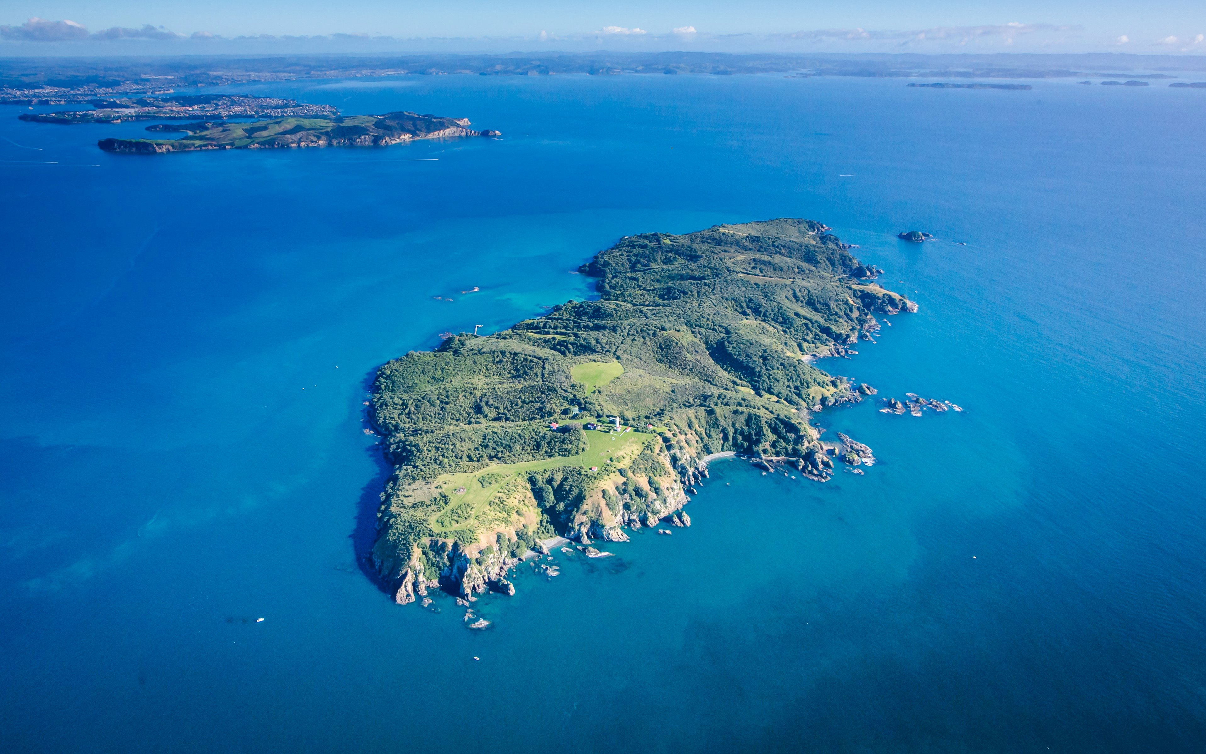 Aerial view of Tiritiri Matangi Island surrounded by blue ocean, accessible by ferry from Auckland.