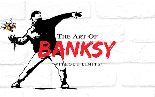 Banksy artwork with text "The Art of Banksy: Without Limits" in Singapore.