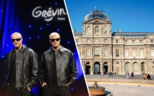 DJ Snake wax statue at Grévin Paris with museum facade in background.