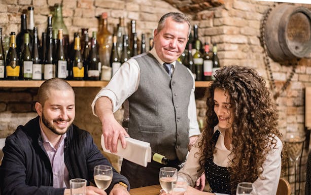 Wine tasting in rustic cellar with guide pouring wine for guests.