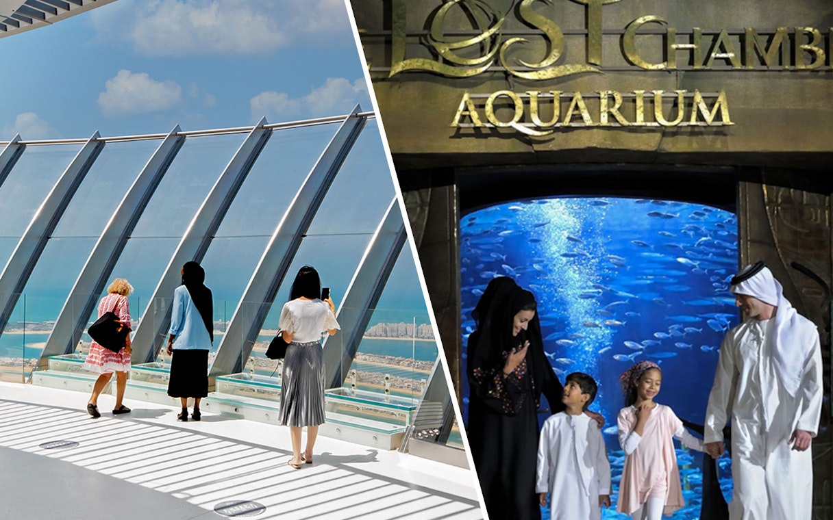 Visitors enjoying views at The Palm and exploring The Lost Chambers Aquarium in Dubai.