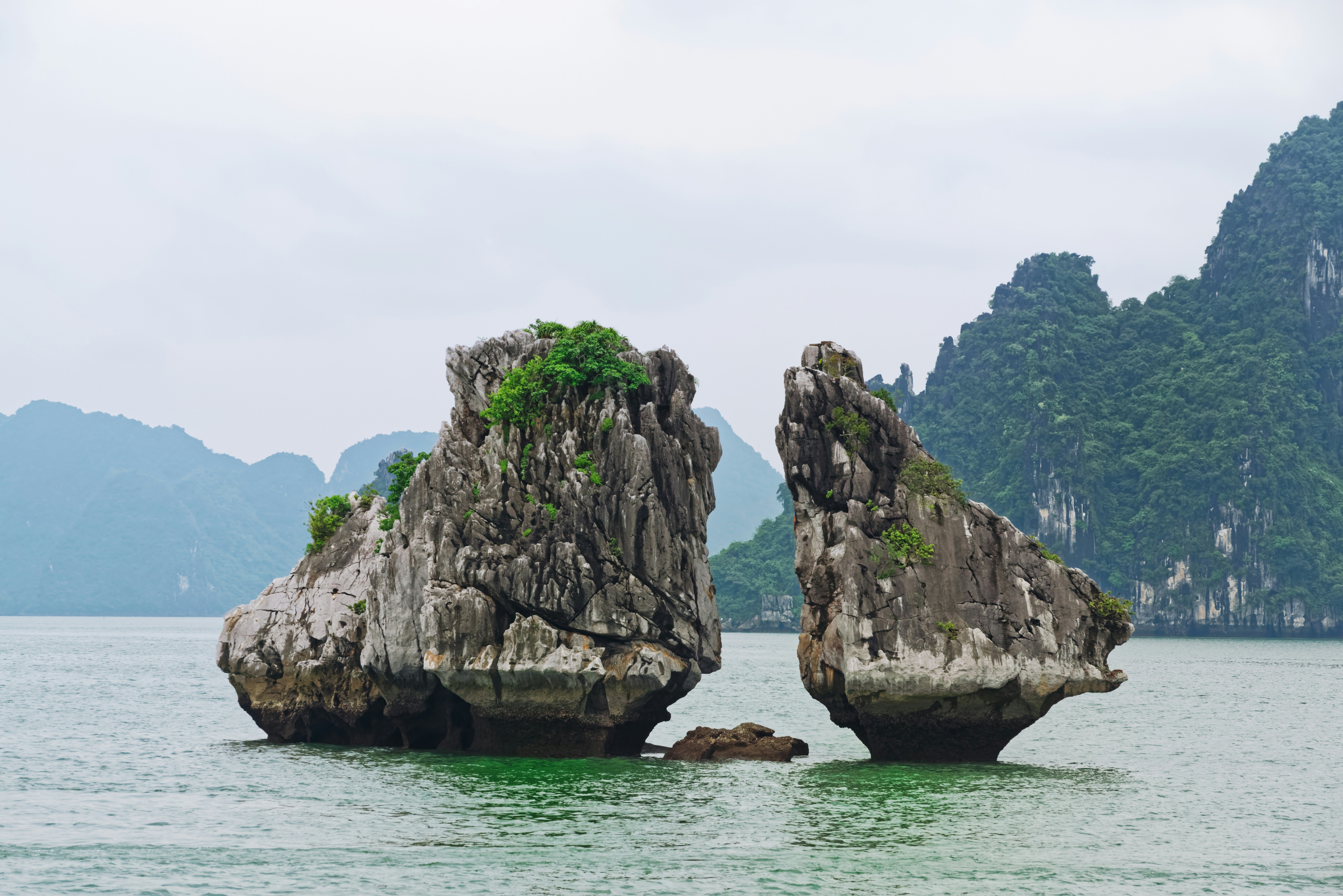 Fighting Cock Islet rock formations in Ha Long Bay, Vietnam.