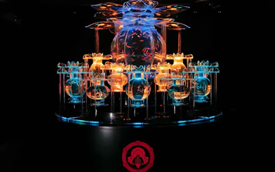 Illuminated flower-shaped goldfish aquarium at Art Aquarium Museum GINZA.