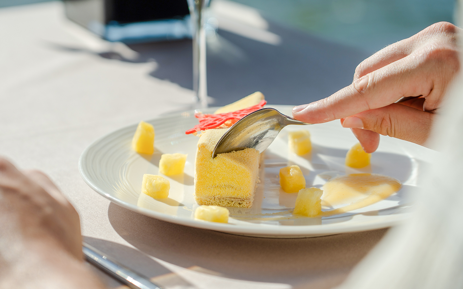 Dessert being enjoyed on a Seine River sightseeing cruise.