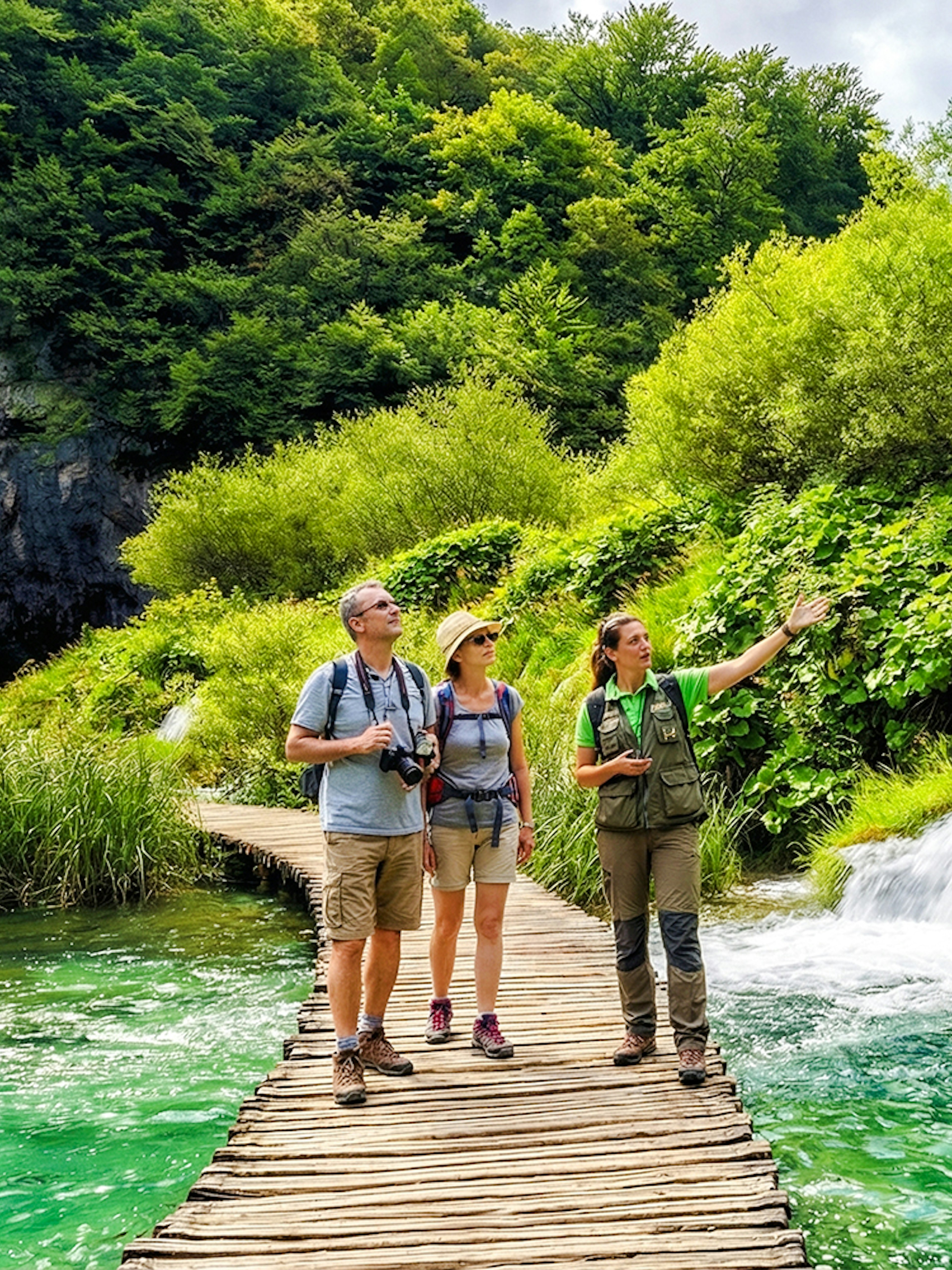 Guests with a tour guide on a wooden path by waterfalls in Plitvice Lakes National Park.