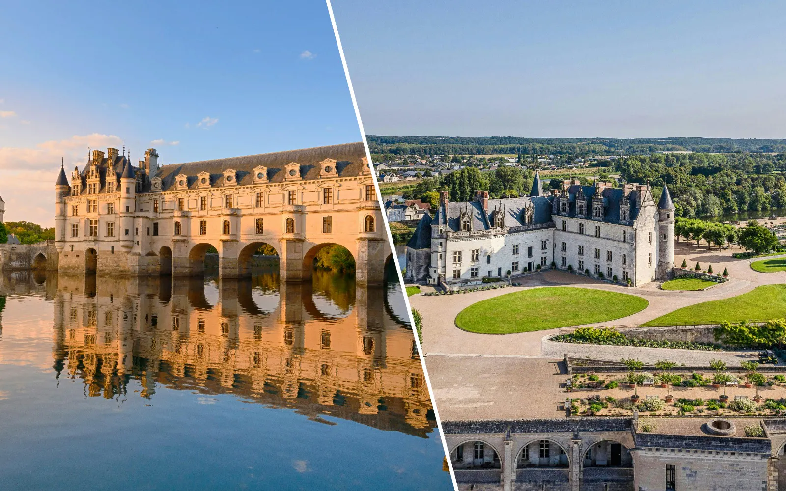 Chenonceau Castle over river and Amboise Royal Castle with gardens in Loire Valley, France.