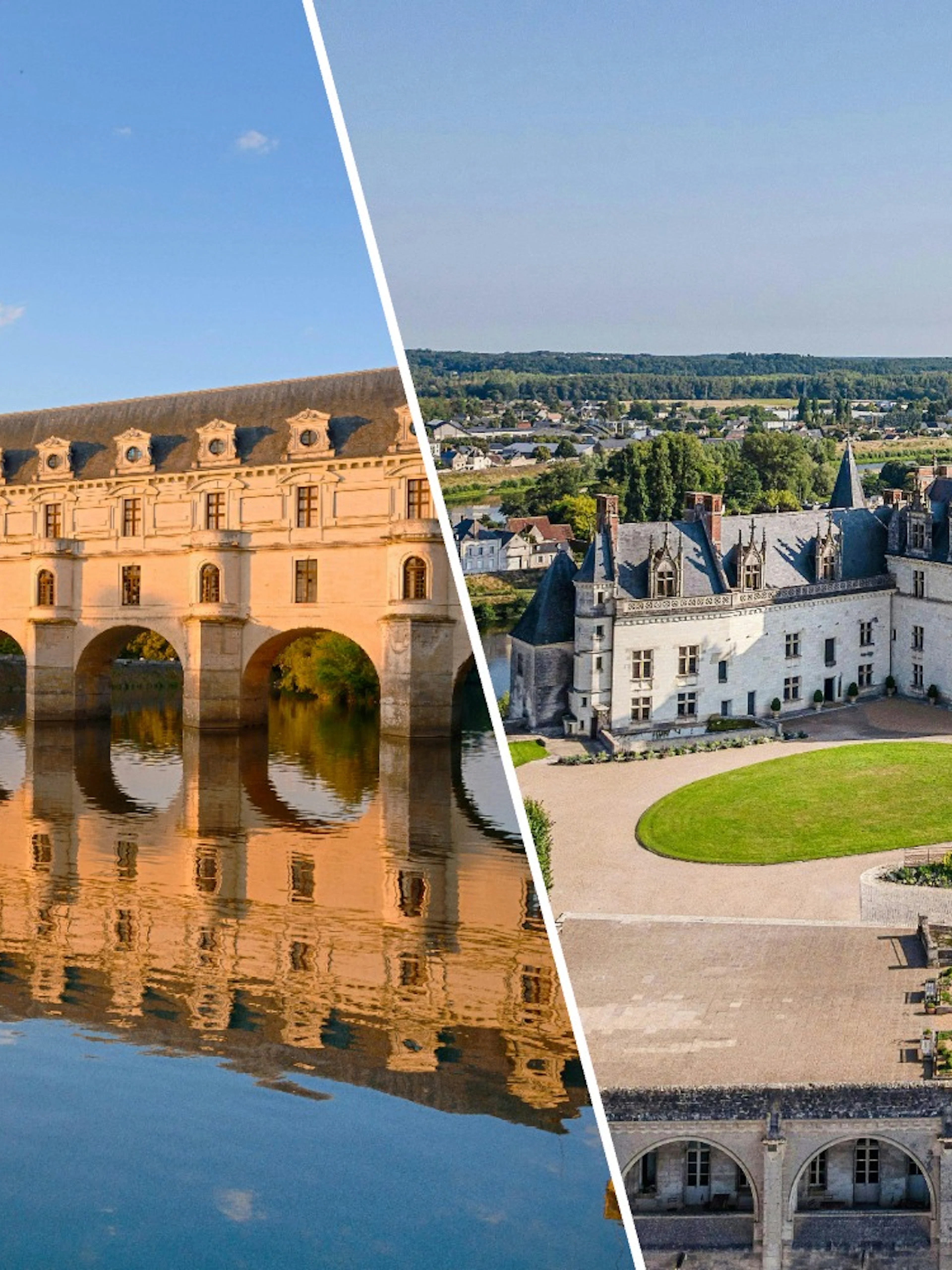 Chenonceau Castle over river and Amboise Royal Castle with gardens in Loire Valley, France.