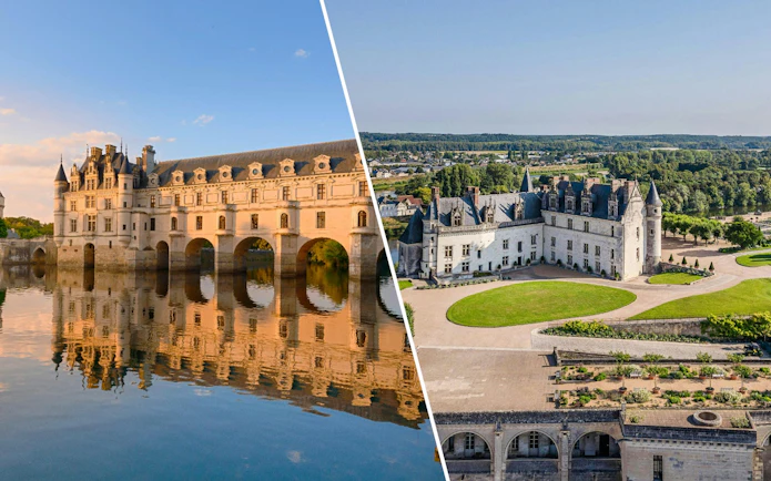 Chenonceau Castle over river and Amboise Royal Castle with gardens in Loire Valley, France.