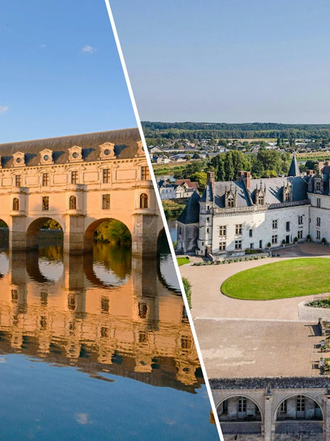 Chenonceau Castle over river and Amboise Royal Castle with gardens in Loire Valley, France.