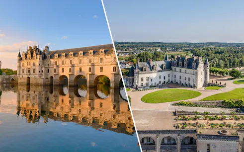 Chenonceau Castle over river and Amboise Royal Castle with gardens in Loire Valley, France.