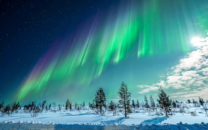 Northern Lights over snowy landscape on Tromso chase tour, Norway.
