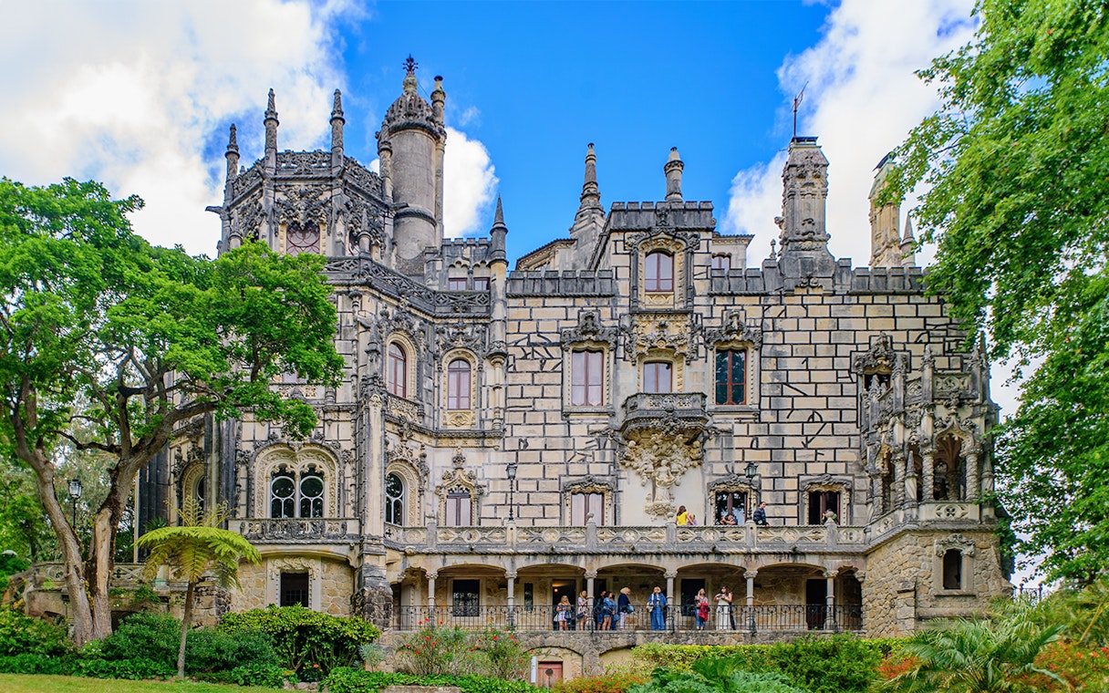 Quinta da Regaleira facade with ornate architecture, Sintra, Portugal.