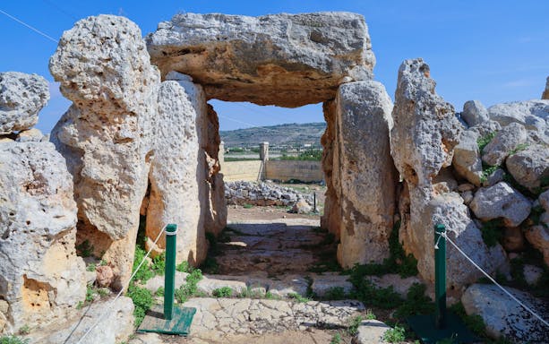Ancient stone archway at Mnajdra Temples, Malta.