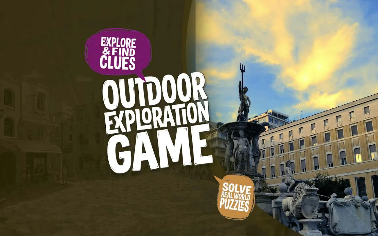Naples city exploration game with Neptune Fountain and historic buildings.